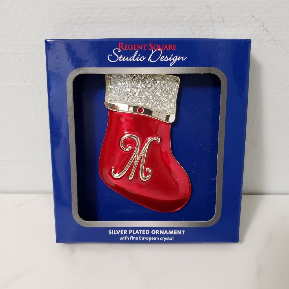 NEW Christmas Monogram Silver plated w/ Fine European crystal stocking ornament